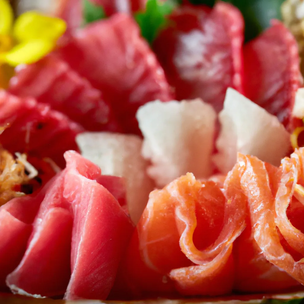 Prompt: photo realistic, super sharp, closeup, best intricate shashimi platter top down, succulent, fresh, delicious realistic texture, studio lighting by Dennis Pedersen leica 14mm bokeh background 8k award winning photo hyper realistic in Nobu restaurant