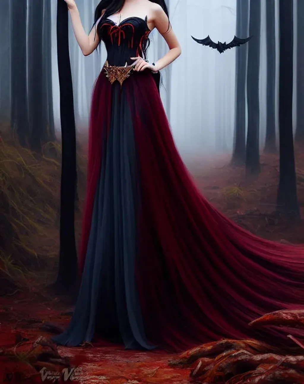 Prompt: Wampire demon queen Raven dress hand dying dark  forest painting by WLOP