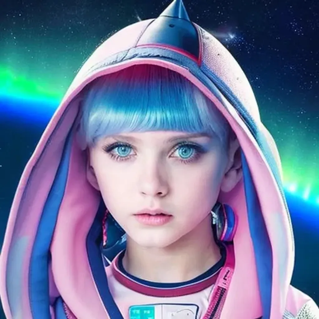 Prompt: cute and beautiful {russian} child girl with blue eyes on the spaceship and spacecraft and ufo dressed in clothes with geometrical sacred symbols, on the orbit of earth, northern lights, ultra-realistic soft sun lighting, {smooth soft skin}, sharp eyes, beautiful intricate {pink and white and soft blue hair}, soft pink lips, symmetrical face, anime wide blue eyes, soft lighting, gently {shy smile}, cute smile, looking into camera, highlydetailed {eyes with reflection}, bright soft light from the behind, {sacred geometry and geometry symbols on the face}, stars, sky, sacred geometry, light languages