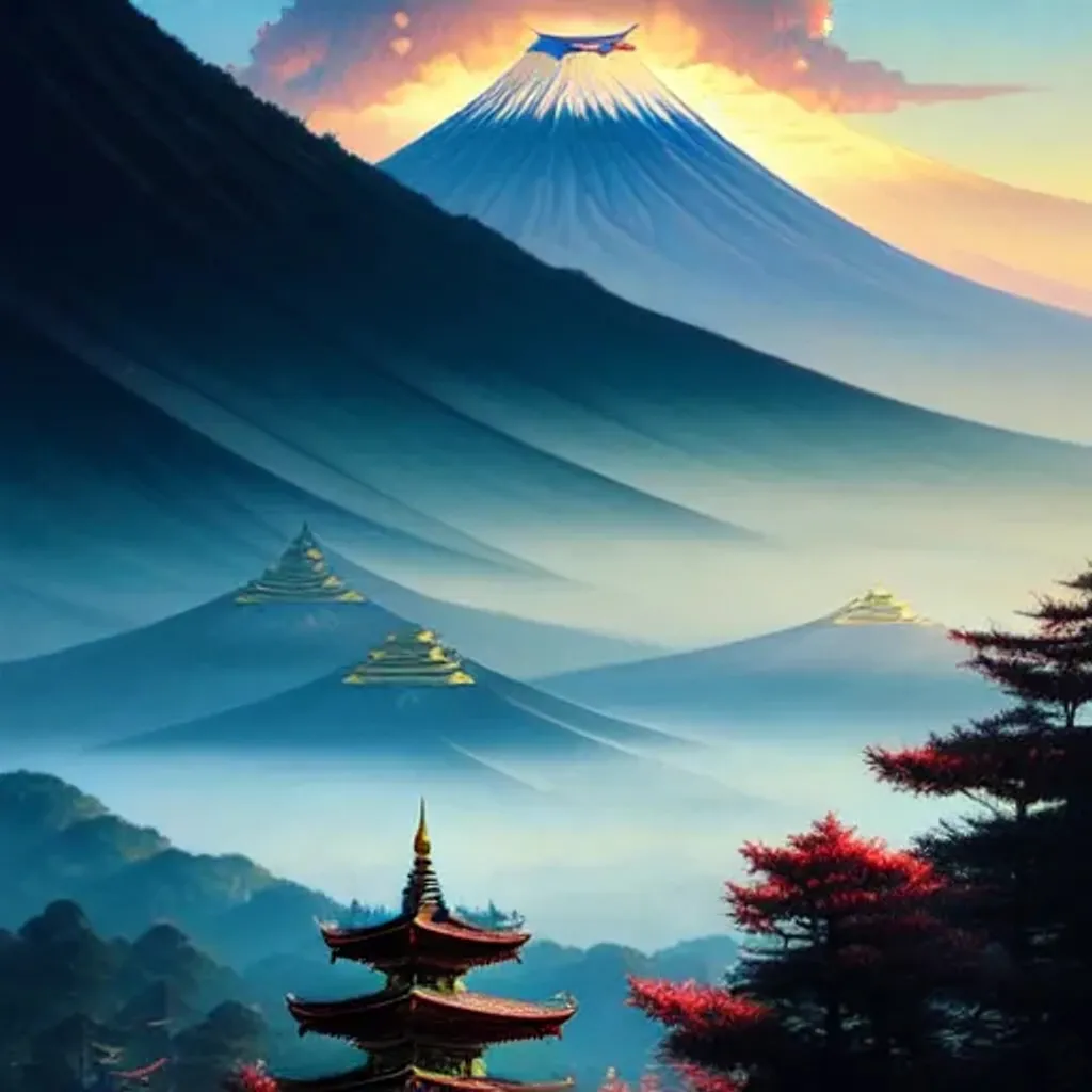 Prompt: pagodas with Mount Fuji in bacground,  intricate, elegant, highly detailed,  painting, artstation, concept art, smooth, sharp focus, illustration, art by artgerm and greg rutkowski and alphonse mucha, 8k