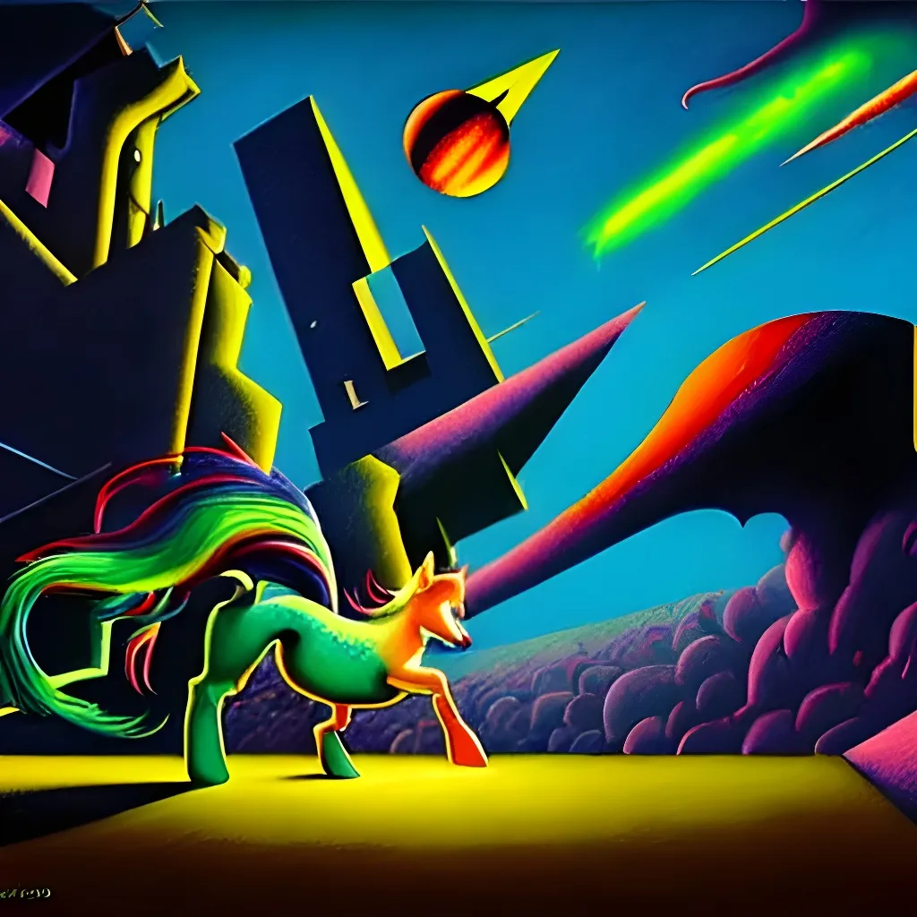 Prompt: My little pony!

Impressive cubism Oil painting matte painting in the style of Dave McKean, Juan Gris, zdzisław beksiński, Tim Burton, Greg Rutkowski, Sho Murase, Dan Mumford. 

Inspired by outer space. 

Futuristic, epic, legendary,  cosmic, glowing, neon, cyberpunk, glitter, flashing, storms, milkyway, supernova, astronaut, space, galaxy, interstellar, universe, space, alien,  UFO, black hole, planets, holographic, astral, cinematic stunning intricate, mathematical, detailed, dramatic, atmospheric maximalist.