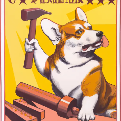 Prompt: Soviet propaganda poster featuring a corgi holding a hammer
