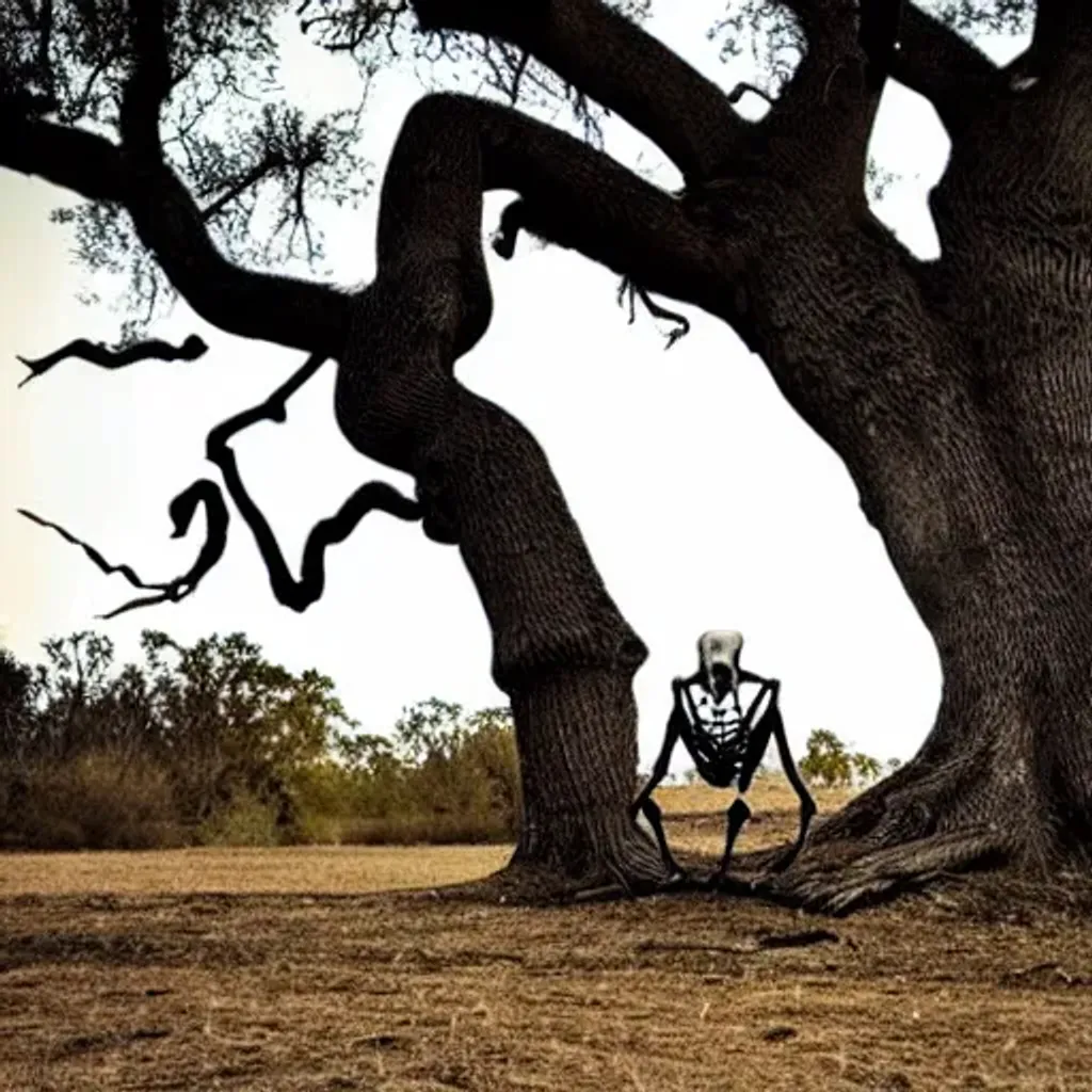 Prompt: skeleton leaning on a mighty oak tree
