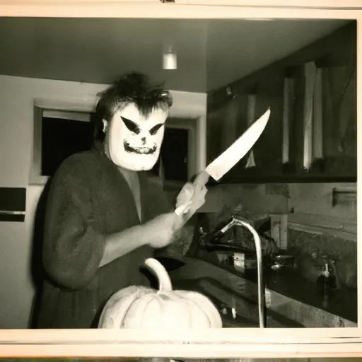 Prompt: Big fat Cook monster wearing a deformed mask carving a Halloween pumpkin with a giant machete on a creepy old farmhouse kitchen. Polaroid, 1977