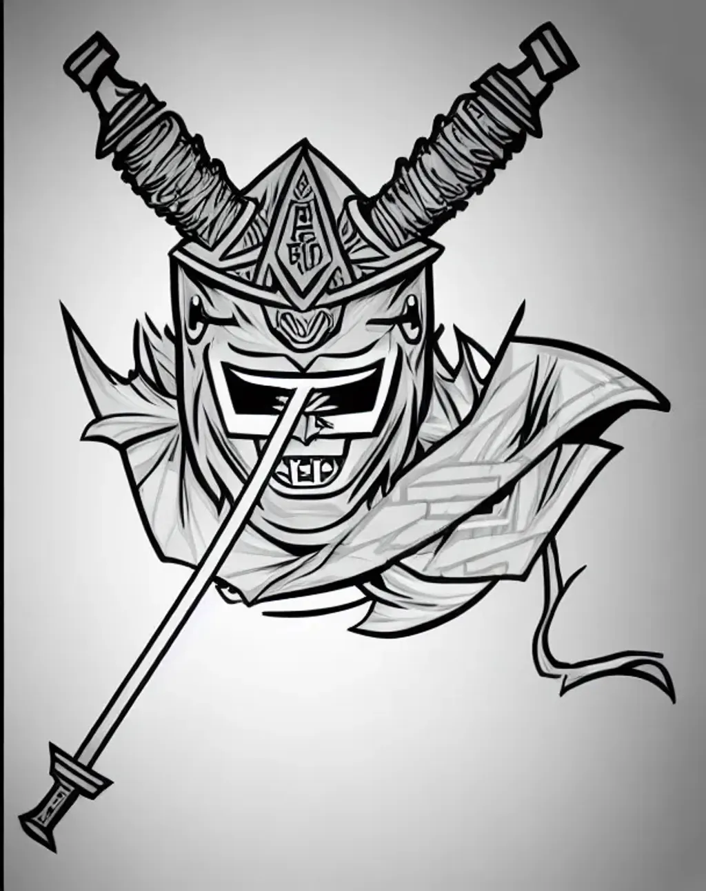 Oni mask, two swords crossing through the mask, Blac... | OpenArt