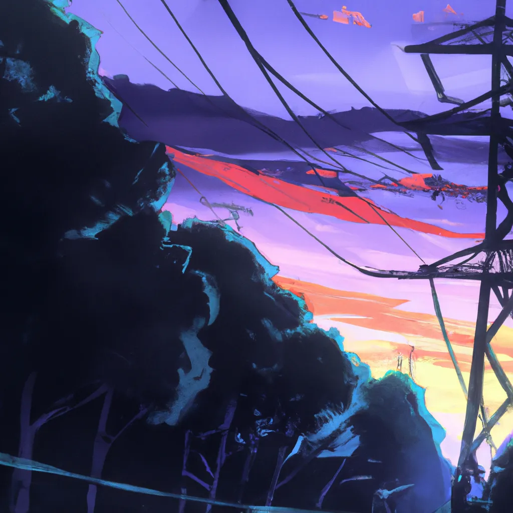 Prompt: a painting of power lines and trees at sunset, a matte painting by Makoto Shinkai, featured on pixiv, american scene painting, anime aesthetic, nightscape, anime