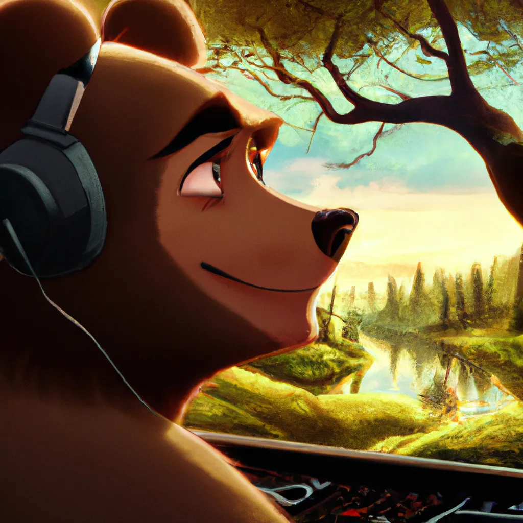 Prompt: a key anime visual of a cute adorable grizzly bear listening to music, happy, dusk, digital Art, forest background, perfect composition, beautiful, trending on pixiv, 8 k concept art, cinematic, soft lighting, anime visual, official media, spy x family, call-shaded. detailed, detailed face, a still from brother bear disney studios, animated poster