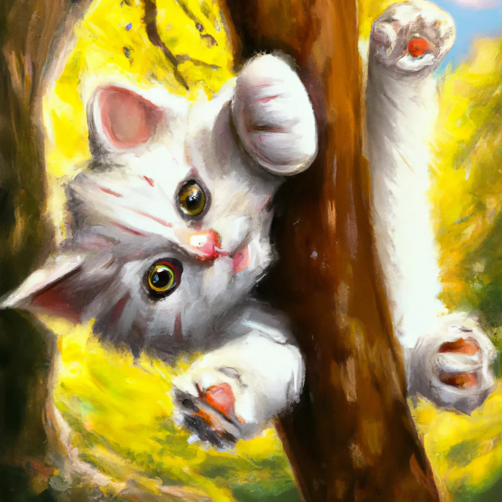 Prompt: kitten stuck in a tree, digital art