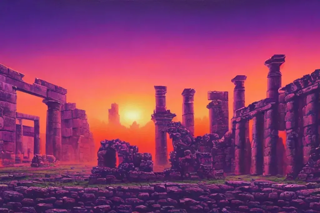 Prompt: Ancient city ruins, outrun, retrowave, synthwave, vaporwave, oil painting