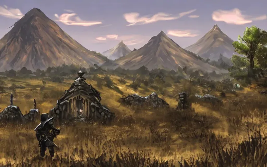 Prompt: landscape, video games, elder scrolls, morrowind, blades, swords, fantasy, fields, trees, skyline, blue sky, warriors, mages, orcs, day time, blight, townsfolk, tamriel, elder scrolls city, vvardenfell, volcano, red mountain, giant red volcano in distance, morrowind volcano, elder scrolls volcano, balmora, sedya neen, caldera, netch, bull netch, vivec, ebonheart, Hlaalu, Telvanni, Redoran, mournhold, cliff racer, dagoth ur, vivec city, giant mushroom trees, West Gash, Sheogorad, morrowind red mountain volcano in background, nords, imperials, bretons, redguards, altmer, bosmer, dunmer, Khajiit, Argonians, jiub, fighters guild, mages guild, thieves guild, the dark brotherhood