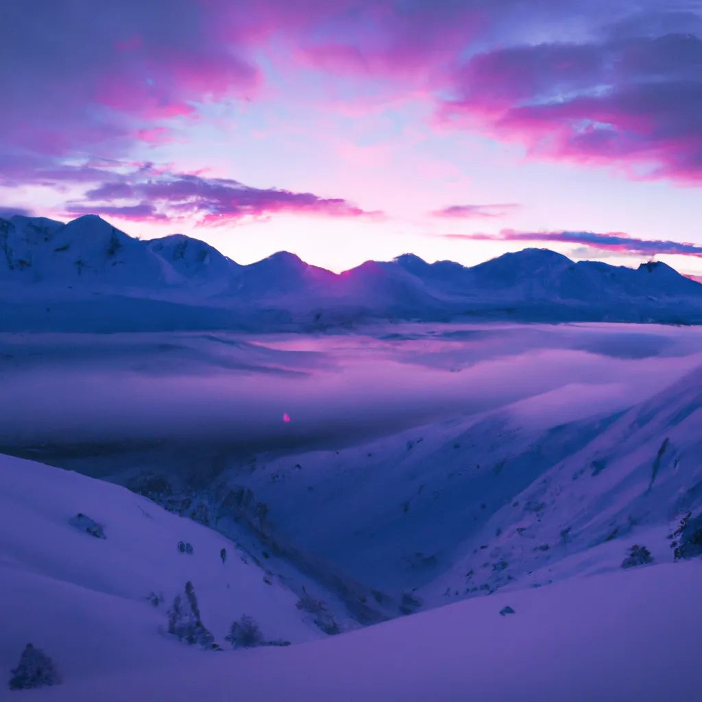 Prompt: Alaska sunset, purple mountains, deep snow, beautiful art, landscape, volumetric lighting, glowing mist, epic.