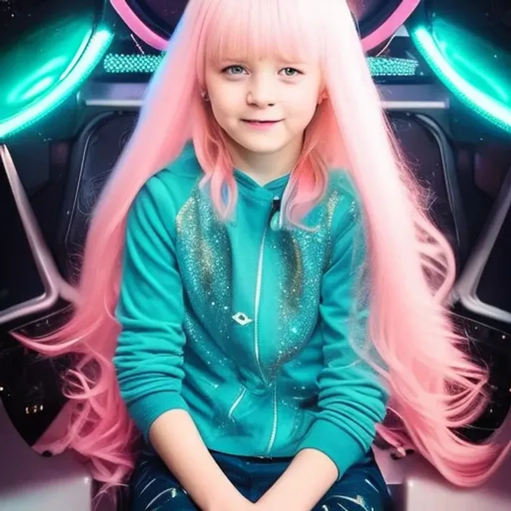 Prompt: cute child girl on the spaceship, ufo, ultra-realistic soft sun lighting, {smooth soft skin}, sharp eyes, beautiful intricate {pink and white hair}, soft pink lips, symmetrical face, anime wide blue eyes, soft lighting, soft lighting, gently {shy smile}, looking into camera, highlydetailed {eyes with reflection}, {symbols on the face}, strong source of light from the behind