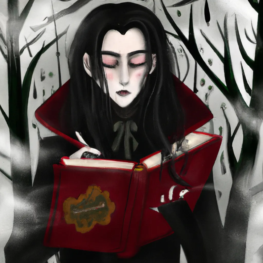 Prompt: A steampunk gothic vampire with long hair and red eyes, beautiful face, and a long black cape, with a dark rainy forest on the background, reading a book, digital art, art nouveau