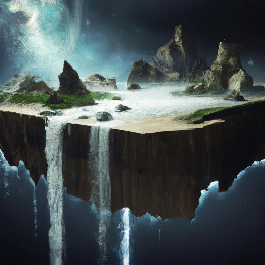 Prompt: realistic wide angle photograph of a mesa floating in space, waterfalls flowing over the edges, realistic, detailed, octane render, tilt-shift, in the style of Joaquin Cossio