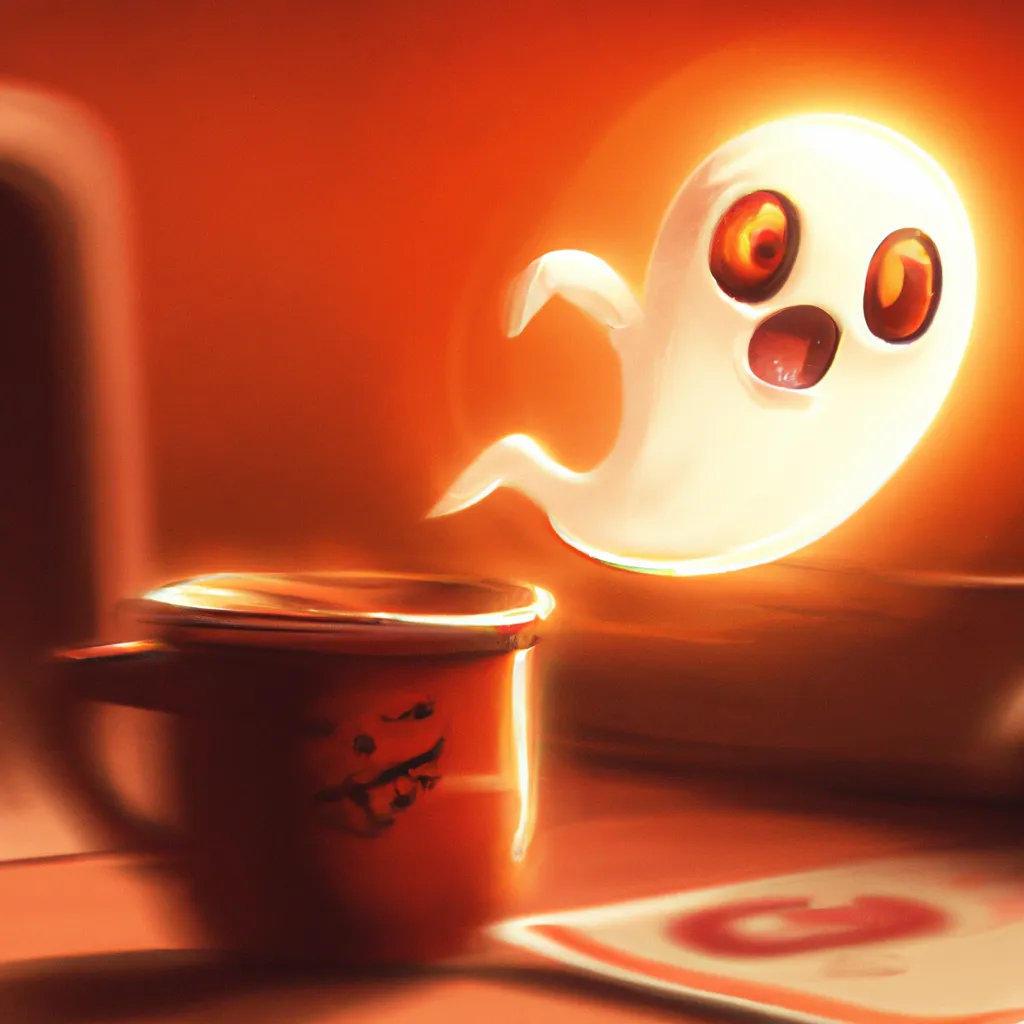 Prompt: Exited happy ghost jumping into a coffee cup orange glow, digital art 