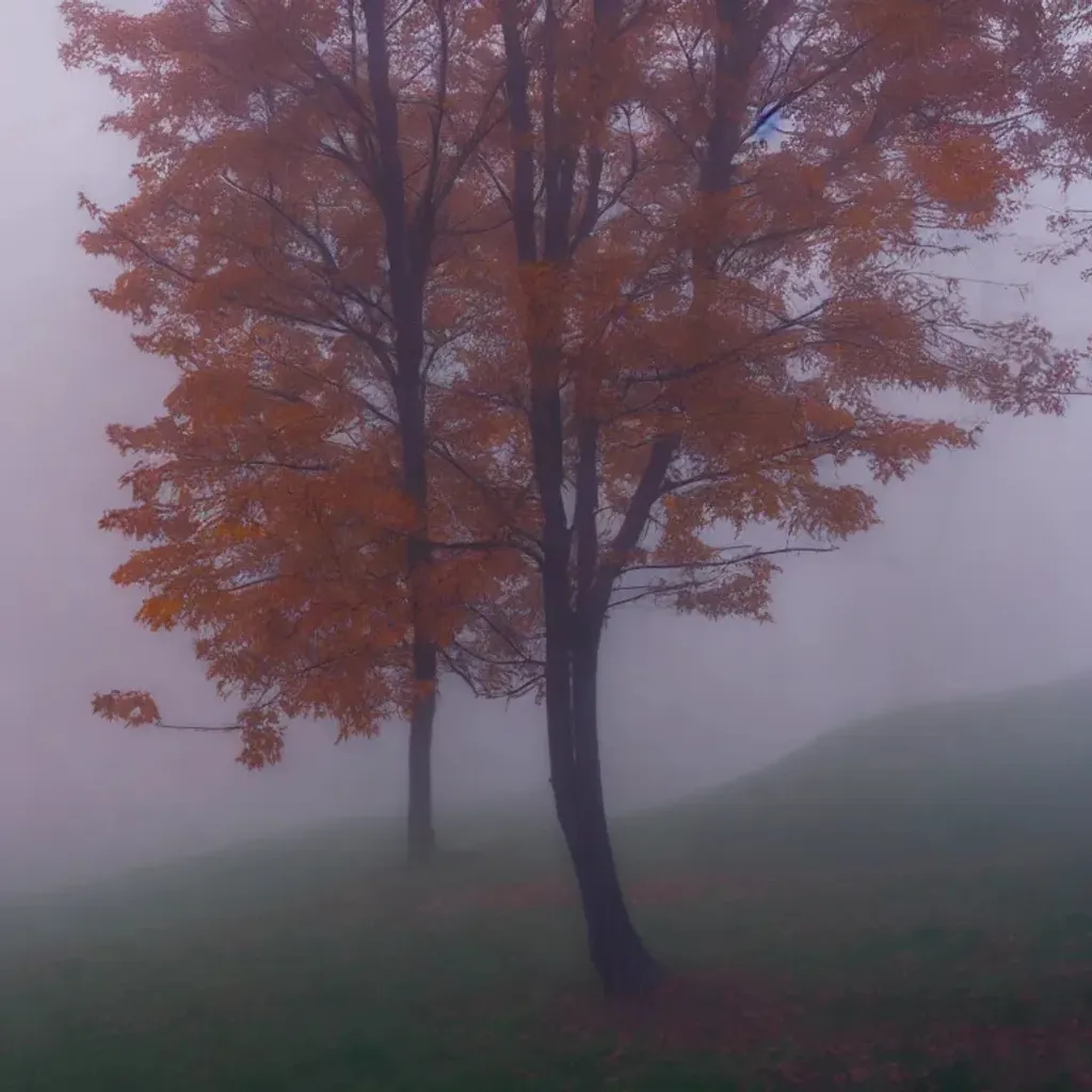 Prompt: hills covered in trees with autumn colors and houses, soft light, at night in fog