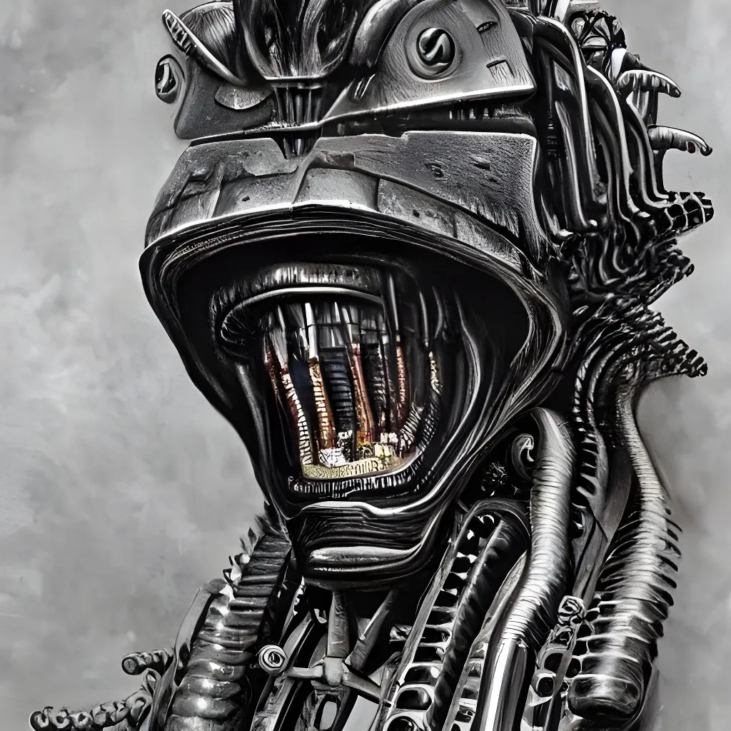 Prompt: h.r. giger's creature with biomechanical full head helmet with intricate details and corrugated tubes, ram horns, antennas and rusty gears, with a intricately detailed katana in his hands, riding a black horse, zoomed out scene