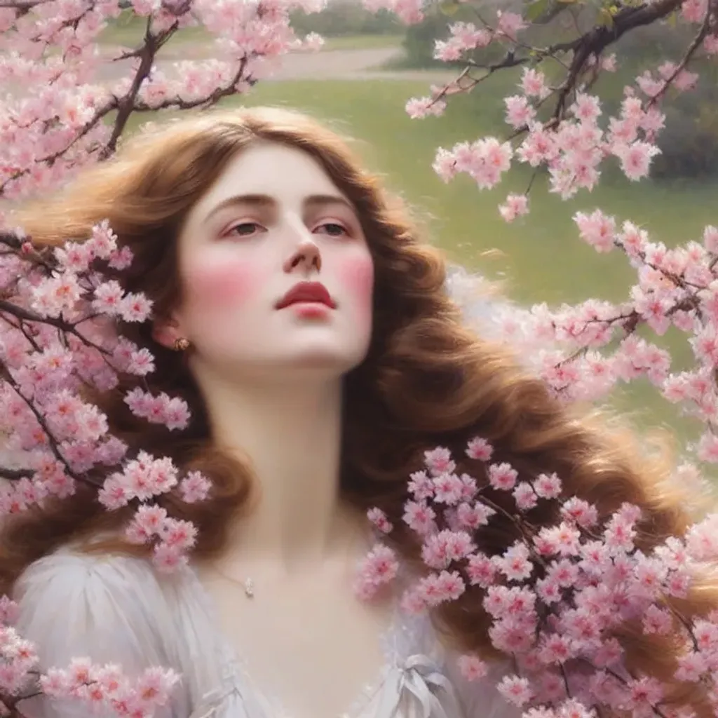 Prompt: Beautiful girl lying among cherry blossoms, detailed face. Painting by Albert Lynch and Jeremy Lipking. Atmospheric, intricate