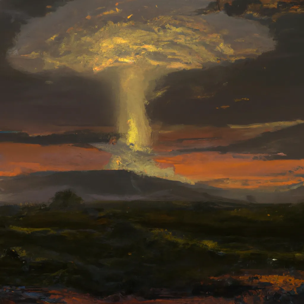 Prompt: An epic painting of a nuclear explosion mushroom cloud  in an Incandescently lit post apocalyptic landscape, ultra wide angle landscape painting, by Frederic Edwin Church and Nadav Kander