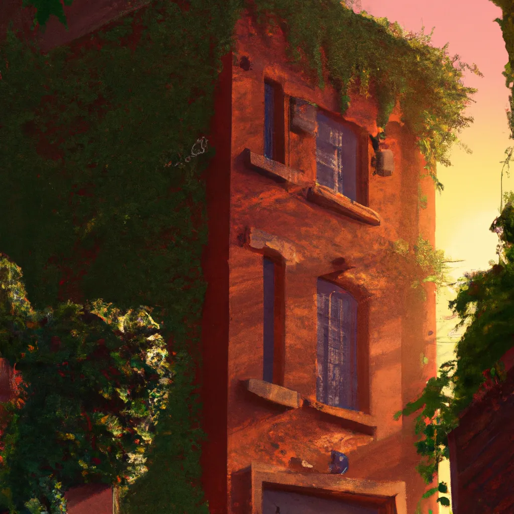 a tall red brick building overgrown with vegetation,... | OpenArt