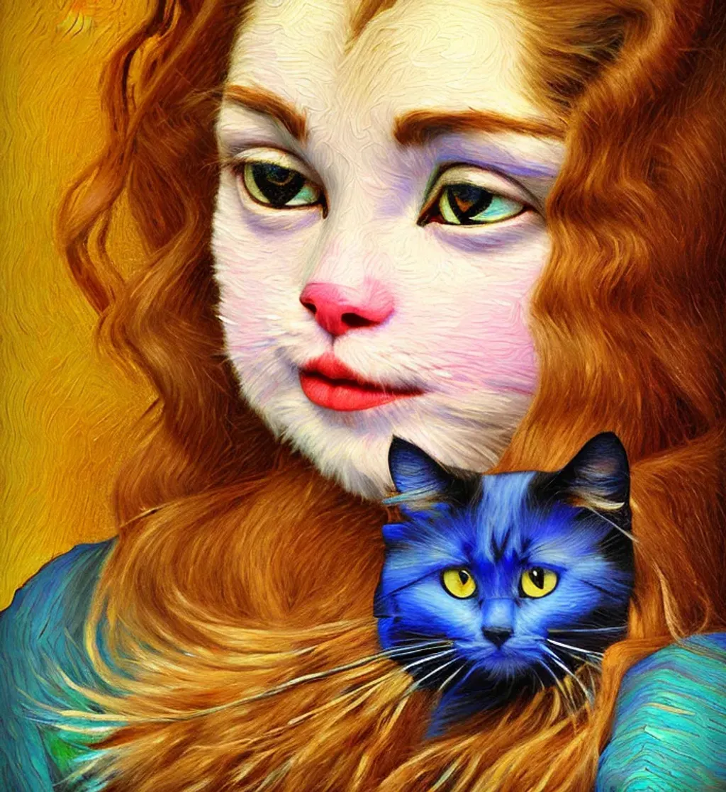 Prompt: oil painting by Vincent VanGogh 
 realistic portrait of a very beautiful young girl cute nose perfect lips intricate girlish charm curly flyaway hair, holding a long haired black fluffy ragdoll cat, highly detailed, digital painting, sharp focus, dof, ultra reallistic, extremely detailed, intricate, artgerm, ambient lighting  award winning, fantastic view, colourful, intriguing 