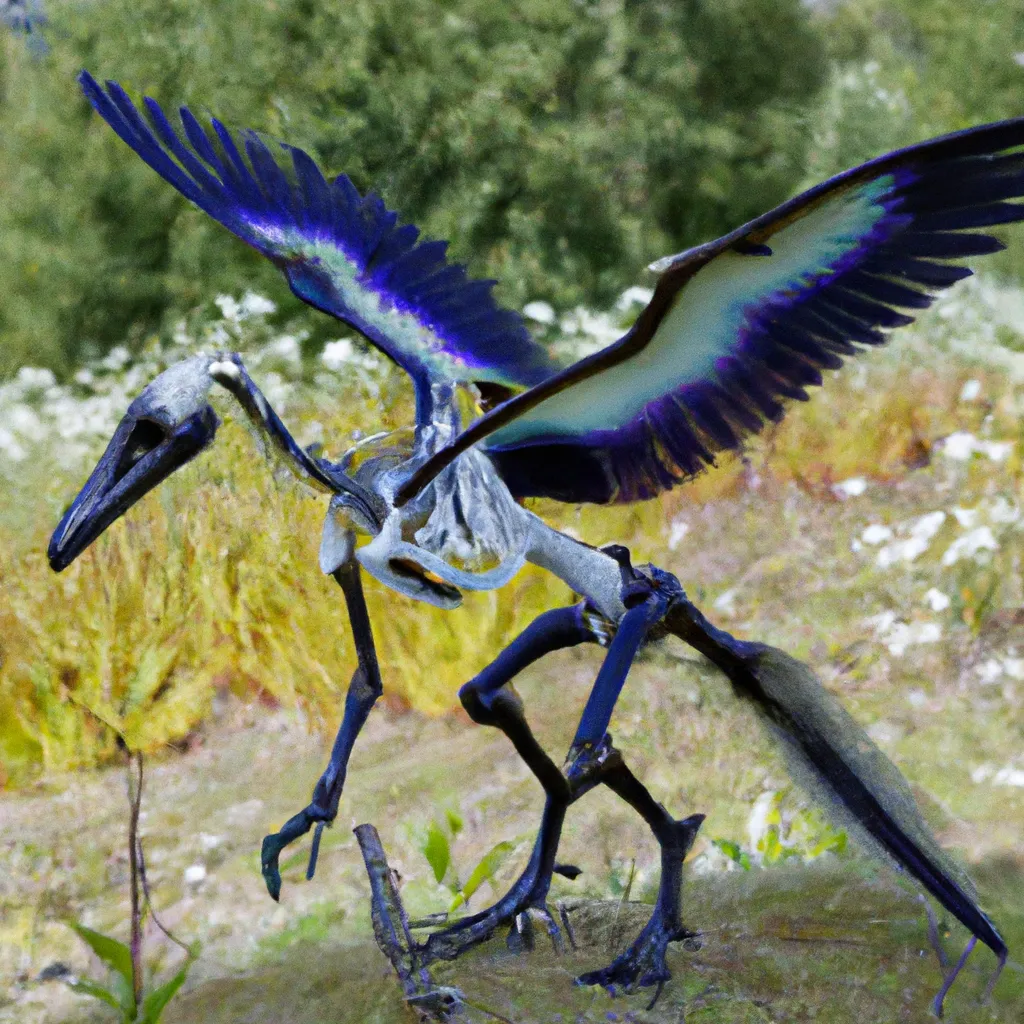 Prompt: skeleton model of The giant Archaeopteryx Corvid Steller's Jay chimera from the pre-historic era, in its habitat. Full shot, Long shot, speculative evolution. Highly realistic accurate anatomical illustration, transitional features with birds, amazing colors and patterns on its feathers, hyperrealistic 