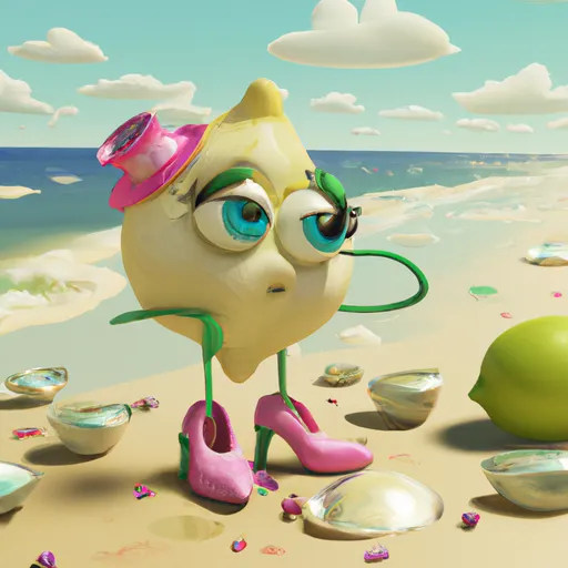 Prompt: lemon at the beach picking up seashells, full body, happy, eyes, digital art, 3d, realistic