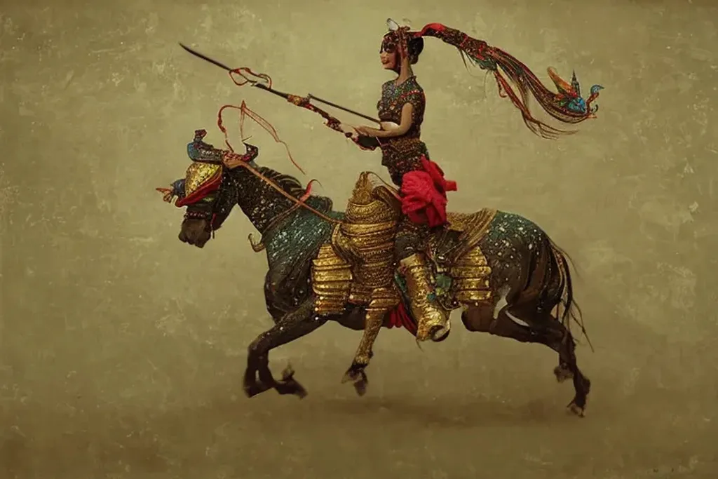 Prompt: Apsaras warrior riding a horse,traditional Chinese textures, hyper detailed, by Brook Shaden