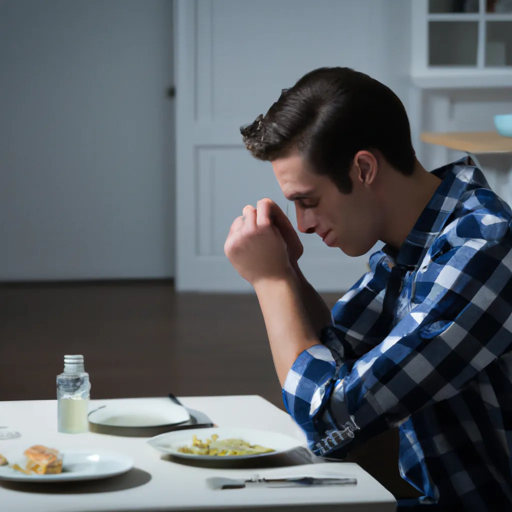 Prompt: Single guy eating alone while holding in tears
