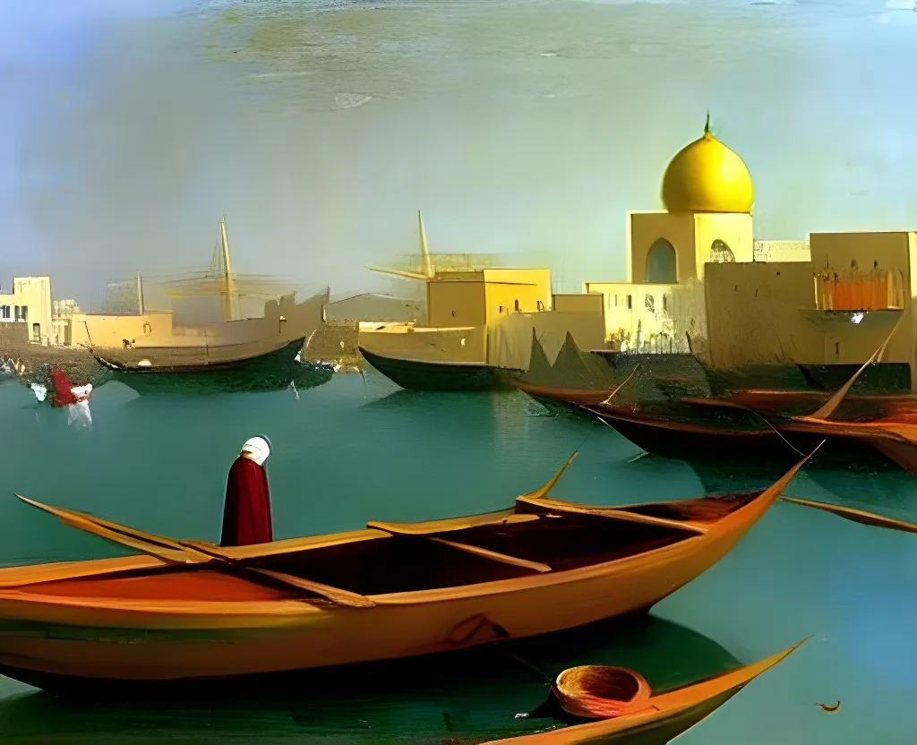 Prompt: beautiful painting of dubai creek arabian people crowded on small boats water ripples reflections gazing sunlight pale colour scheme oriental arabesks edward hopper canaletto