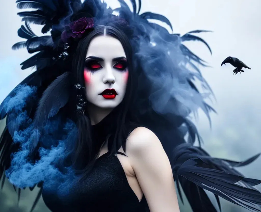 Prompt: Vampire succubus under large conifer black ang indigo Raven feathers dress detailed close face dying dark forest  smoke bomb cloud painting by WLOP