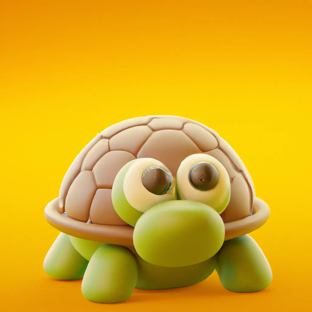 Prompt: cute 3D render of a rounded baby turtle in a clay style, on a yellow coloured brick, a frontal view, colorful forest background, substance 3d painted, blender, glossy texture, volumetric lighting, high resolution, trending on behance.net, by nintendo