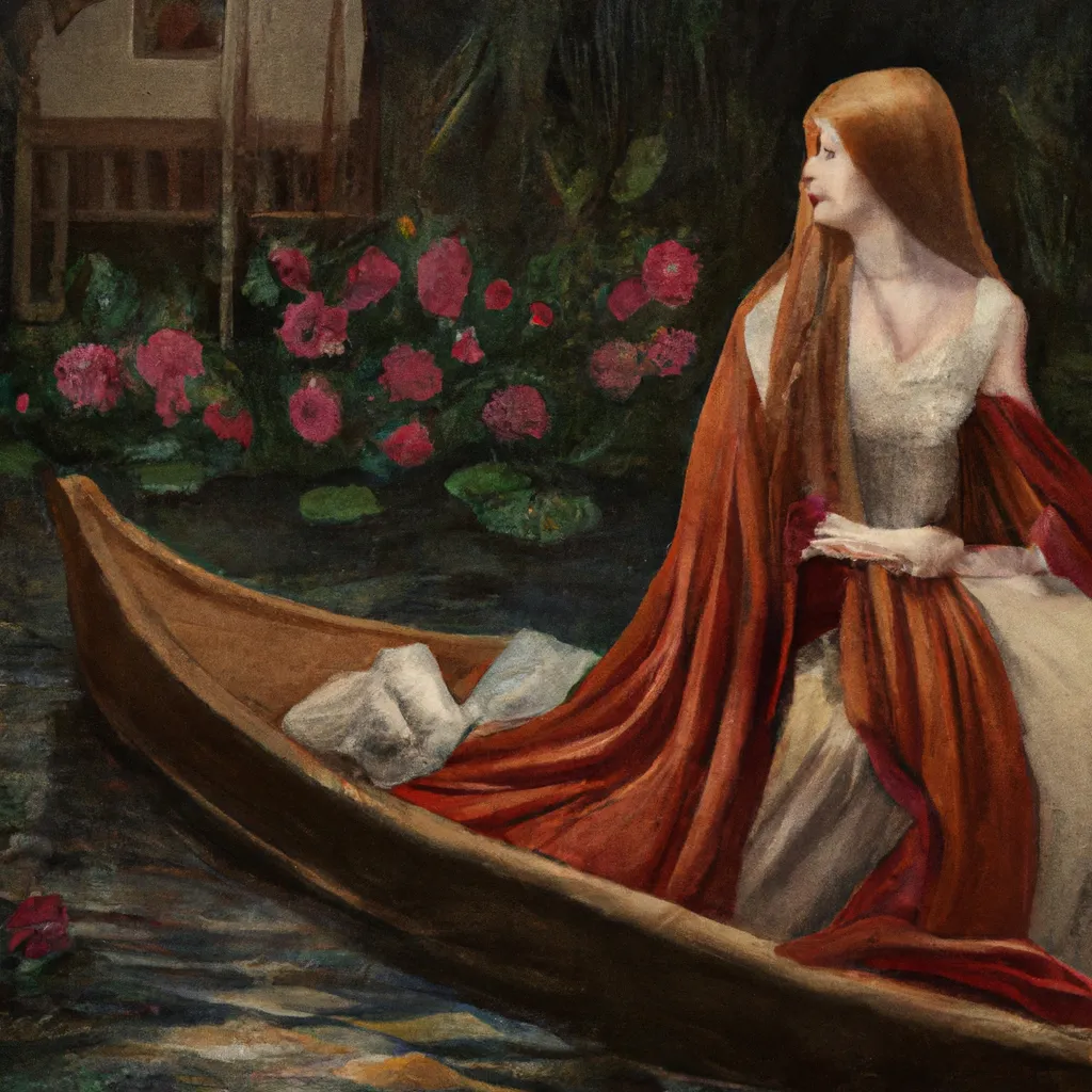 Prompt: "The Lady of Shalott" by John William Waterhouse, in the style of an IKEA manual and a 90's talkshow painted by Anna Dittmann and Tom Bagshaw 