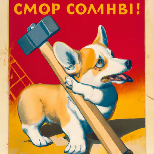 Prompt: Soviet propaganda poster featuring a corgi holding a hammer