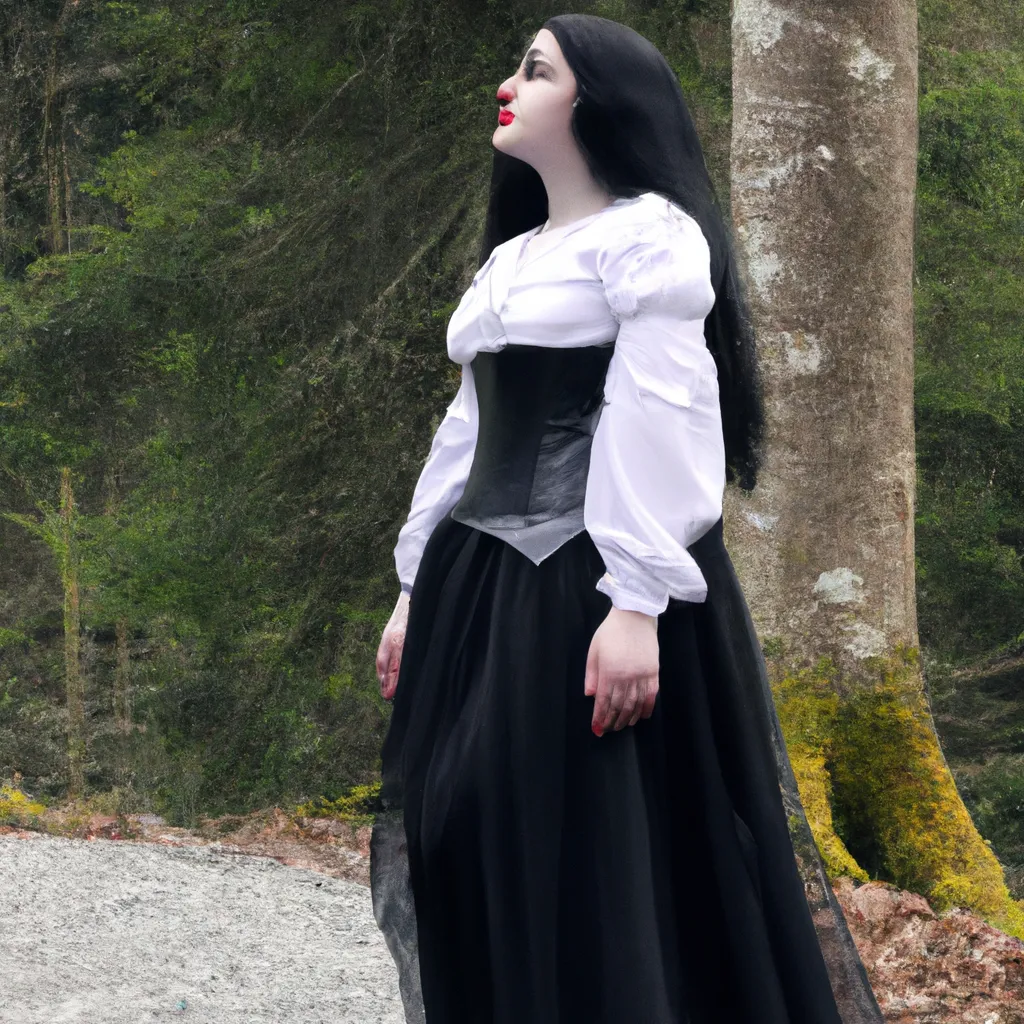 Prompt: a photo of young goth medieval maiden, with pale skin, black hair, and red lips, walking into the forest away from Neuschwanstein Castle.