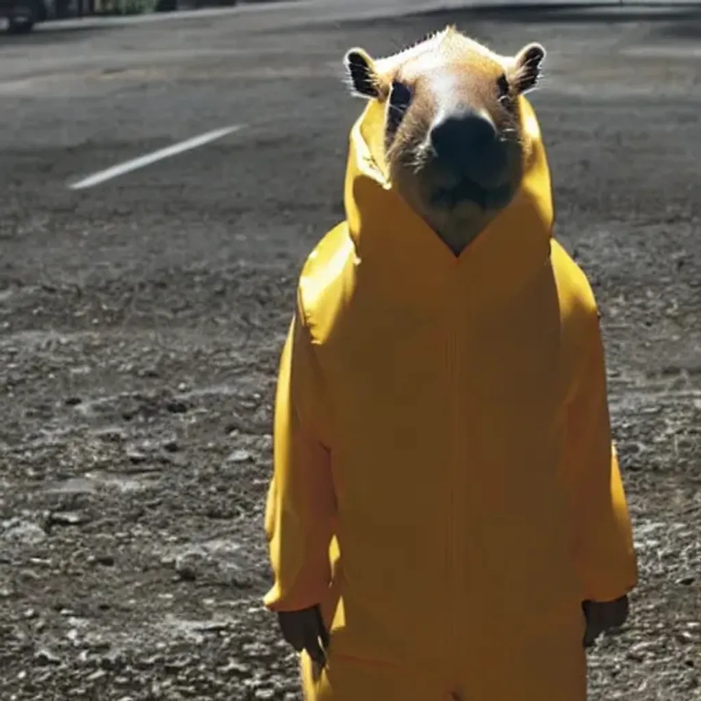 Prompt: A capybara in a hazmat suit travelling through a dystopian wasteland at the end of the world.