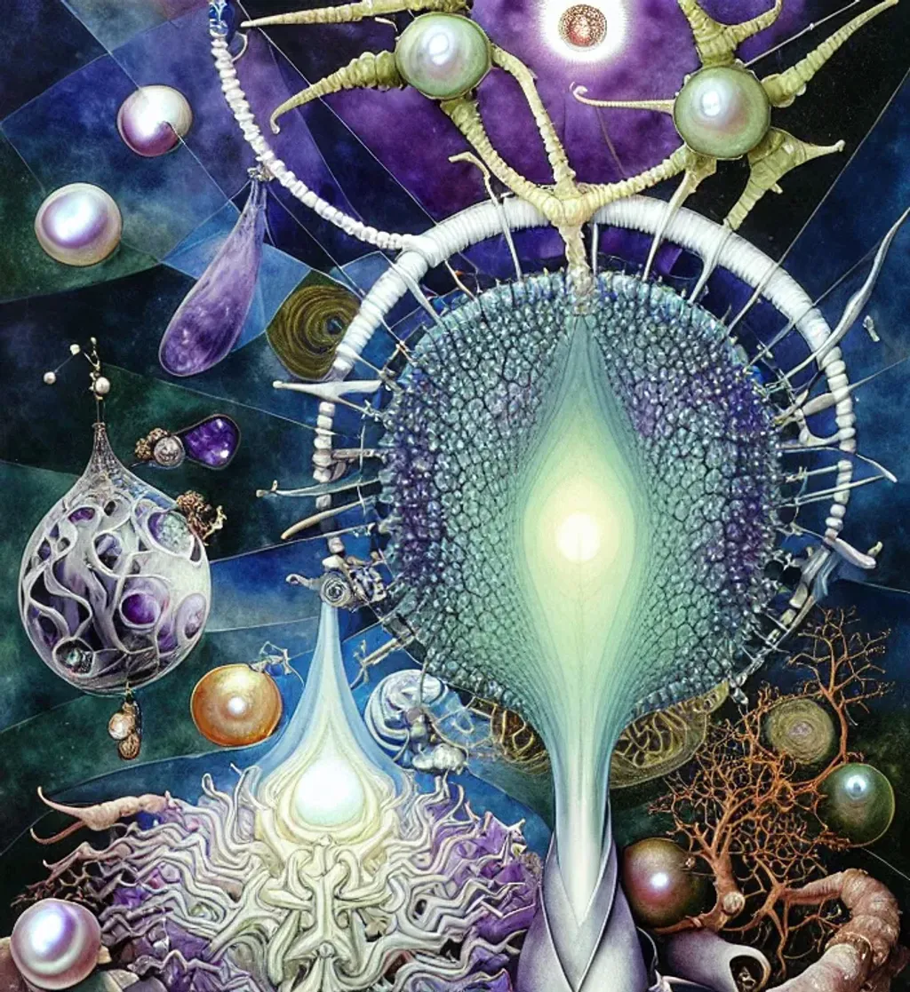 Prompt: an intersection of nature and technology , indigo, baroque-pearl, faceted-amethyst, bone-white, blood, crossroad-influence,  by Anato Finnstark, Hamish Frater, Hieronymus Bosch, background theme Fibonacci geometrics by Jean Hélion, Ernst Haeckel, airbrush, watercolor, acrylic on paper, fBm, Houdini 128K UHD 