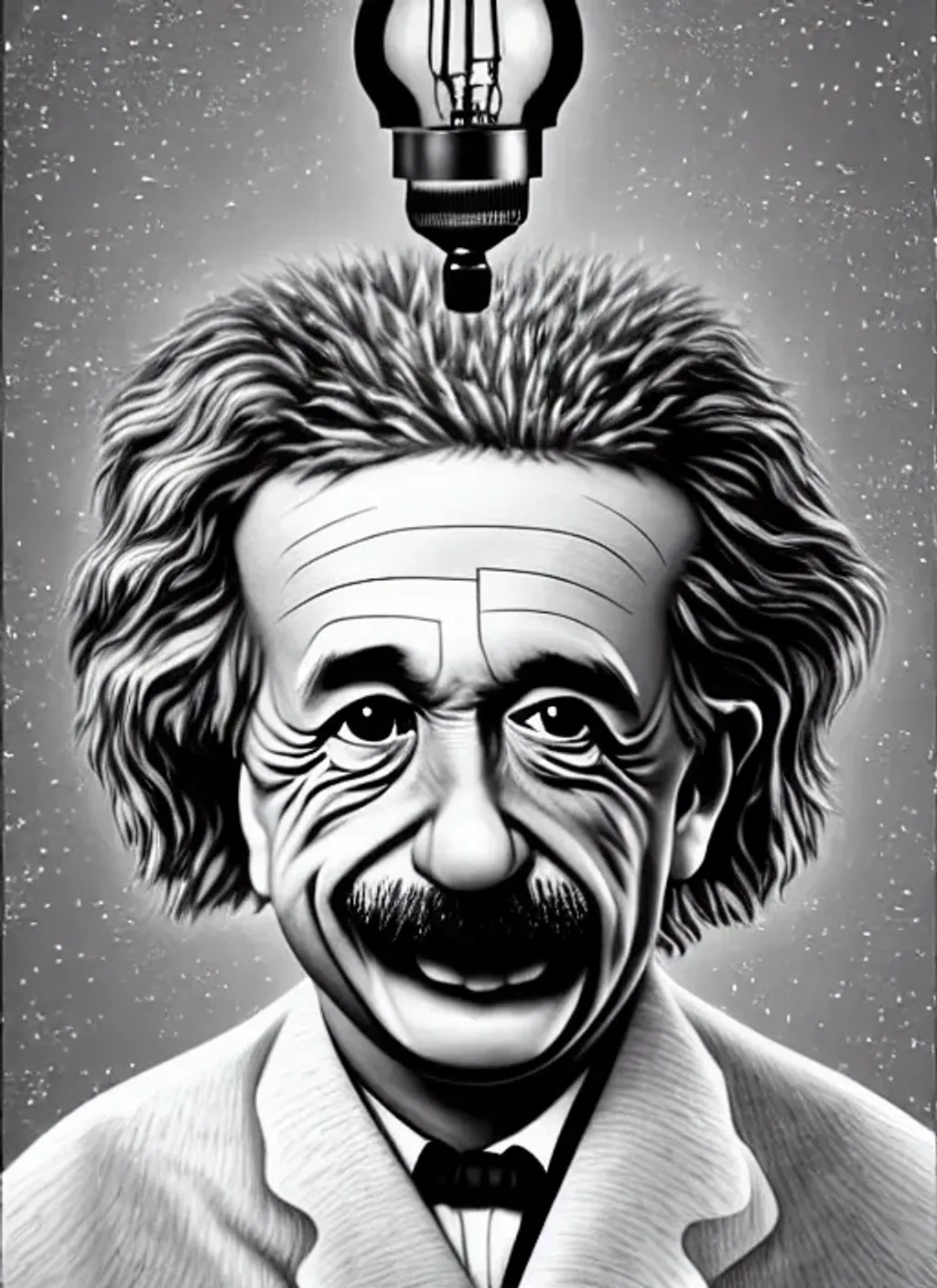 Prompt: ((((((((big big big big big head))))))), (((((((tiny tiny tiny tiny tiny tiny body)))))), portrait of Albert Einstein standing by a lamp in space, big head tiny body, big smile, perfect teeth, perfect sparkling eyes, highly detailed facial features, comic style, caricature style, intricate, vivid color, highly detailed body,  cinematic, digital art, sharp focus, trending on art station, 