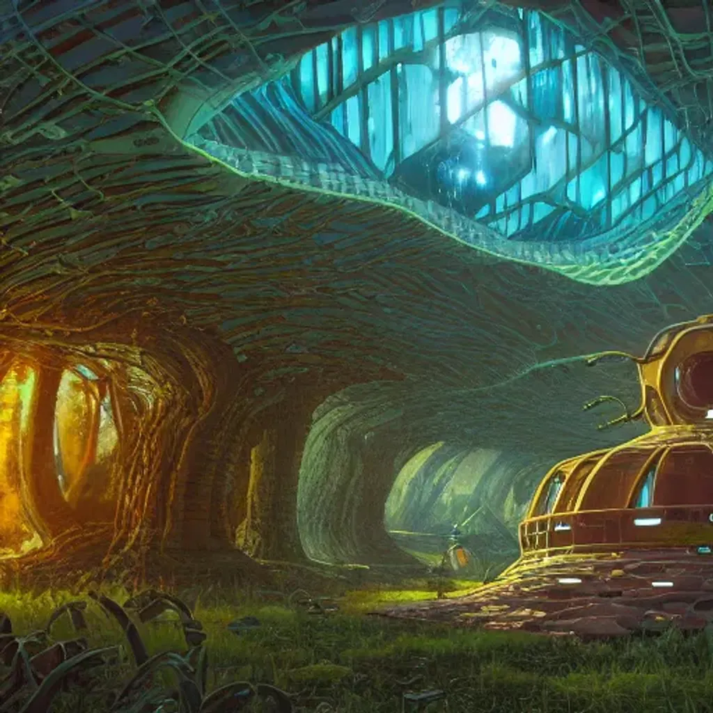 Prompt: simplicity, a simple church made out of exotic fungus, overgrown with weird smooth fungus and tendrils, spaceship, sci - fi, robots, somber, partly cloudy, by dan mumford, yusuke murata, makoto shinkai, ross tran, cinematic, unreal engine, cel shaded, featured on artstation, pixiv