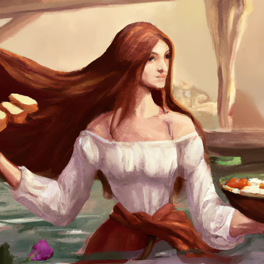 Prompt: "The Lady of Shalott" by John William Waterhouse, in the style of a cookbook recipe and a reality show painted by Anna Dittmann and Tom Bagshaw 