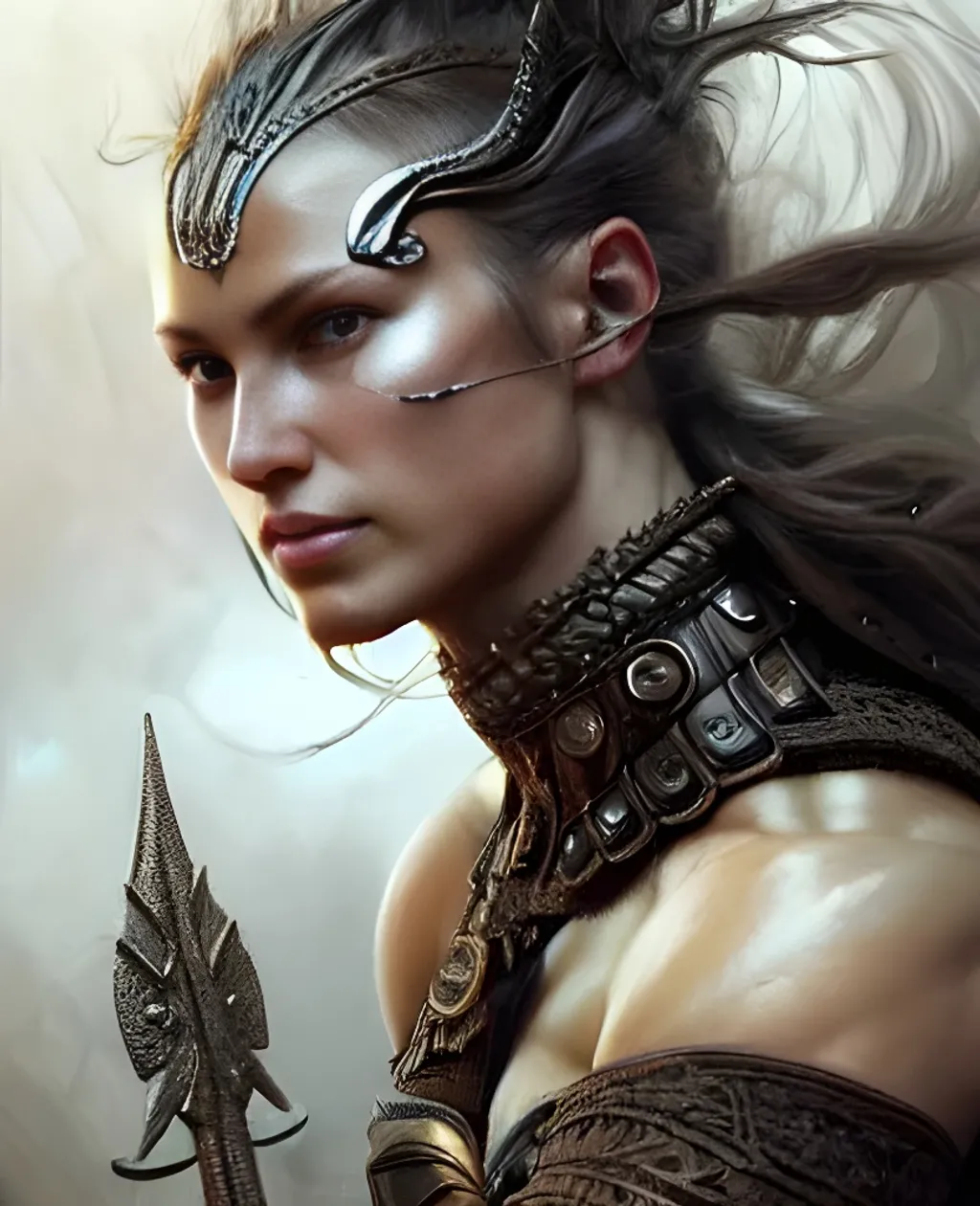 Prompt: a fierce female nordic warrior, ultra-beautiful, extremely detailed face, muscular, armored, ultra-realistic, photorealistic, realism, intricate details, highly detailed, intricate, elegant, dreamy, romantic, fierce, photorealism, pseudo-realistic by greg rutkowski, gaston bussiere, craig mullins, simon bisley