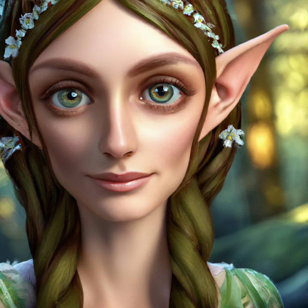 Prompt: Beautiful female wood elf, large green eyes, smooth skin, centered, lush forest background, hyperrealistic, deep colors, perfect composition, hyperdetailed, 32k, high quality, trending art, trending on artstation, sharp focus, studio photo, intricate details by greg rutkowski