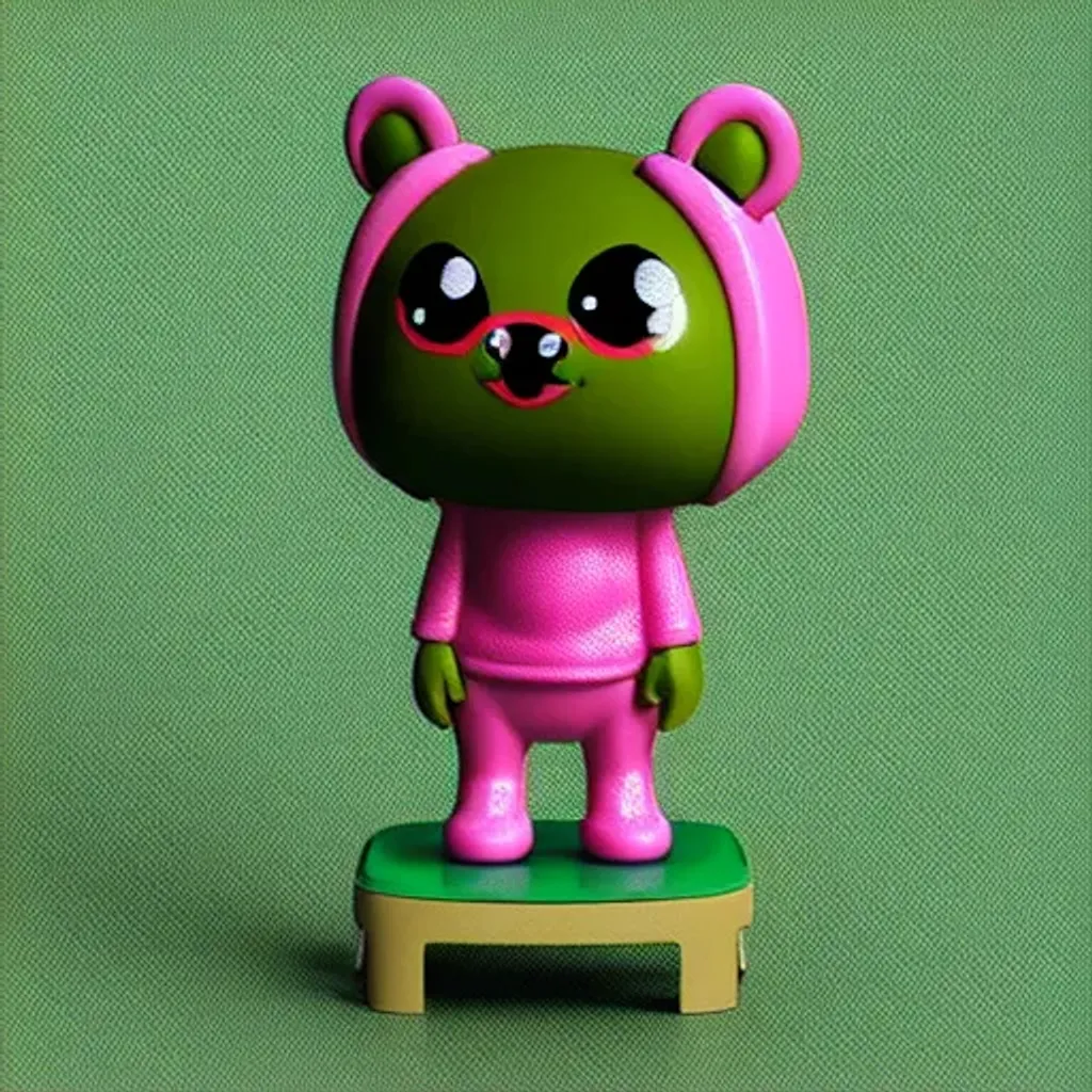 Prompt: tiny cute big eyes green/pink {bear} Gucci retro style clothes toy, standing character, soft smooth lighting, soft pastel colors, skottie young, 3d blender render, polycount, modular constructivism, pop surrealism, physically based rendering, square image