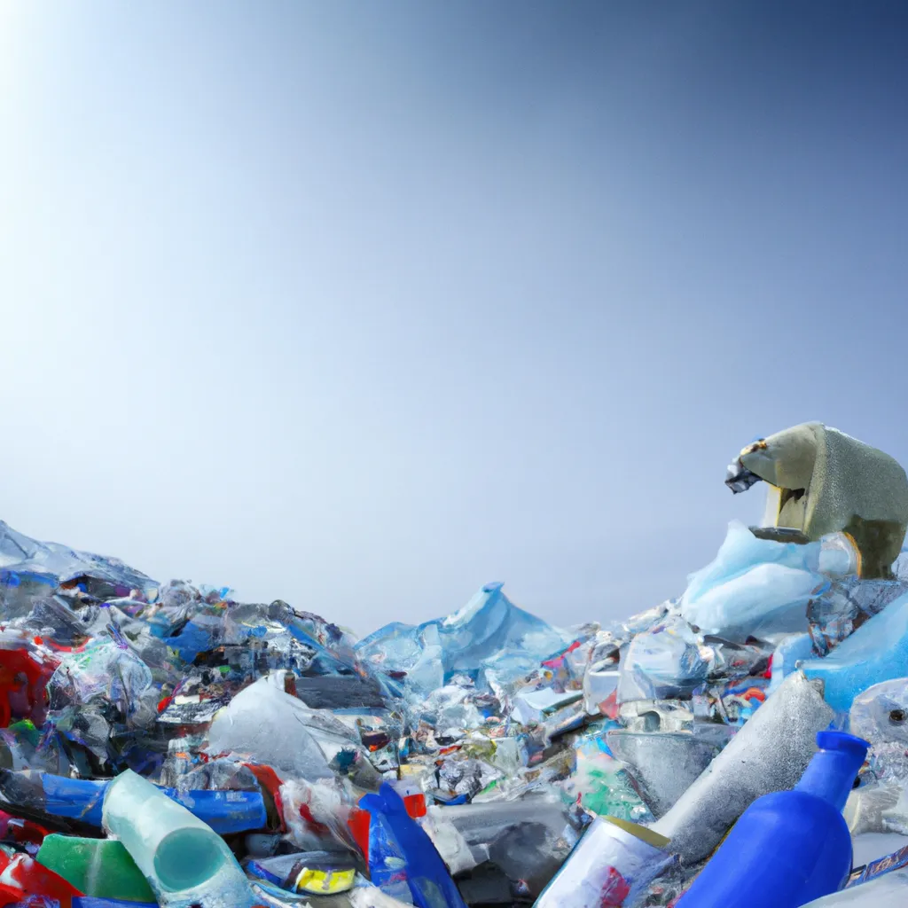 Prompt: a polar bear drinking a coca-cola drink, on top of the plastic garbage pile mess, global warming, a dramatic photo of plastic waste in a pole, a skinny hungry polar bear, a garbage pile departed from the ice block, wide angle 
