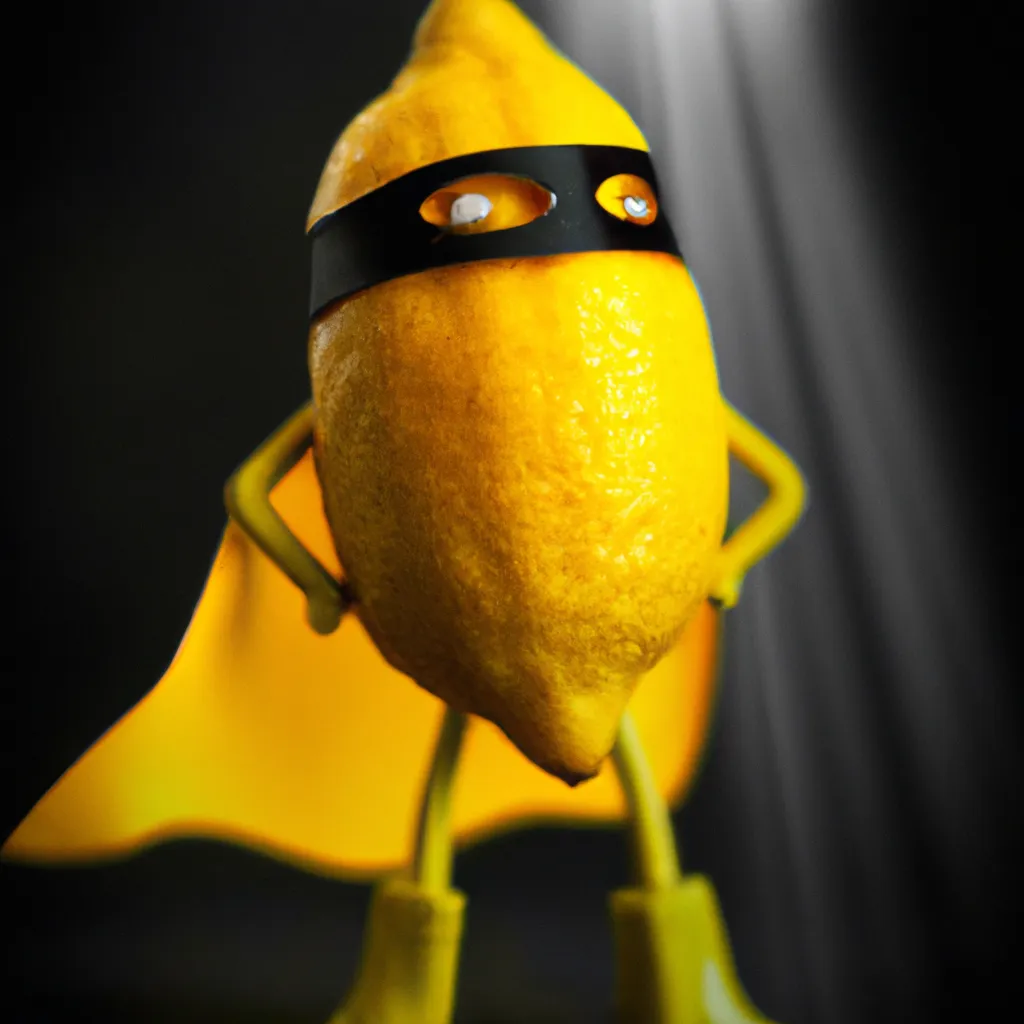 Prompt: lemon wearing a superhero costume, award winning photography 