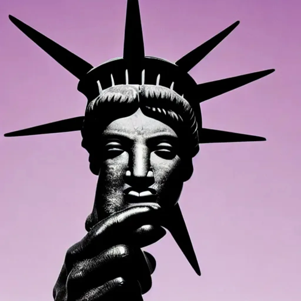 Prompt: black statue of liberty holding middle finger as an album cover