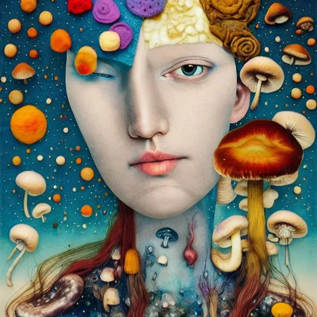 Prompt: Felt fabric portrait by Ryan Hewett, Detailed eyes, Beautiful woman with mushrooms growing out of her hair, hq, fungi, celestial, portrait, victo ngai, moon mushrooms, Jan van Eyck, galaxy, moon, stars 