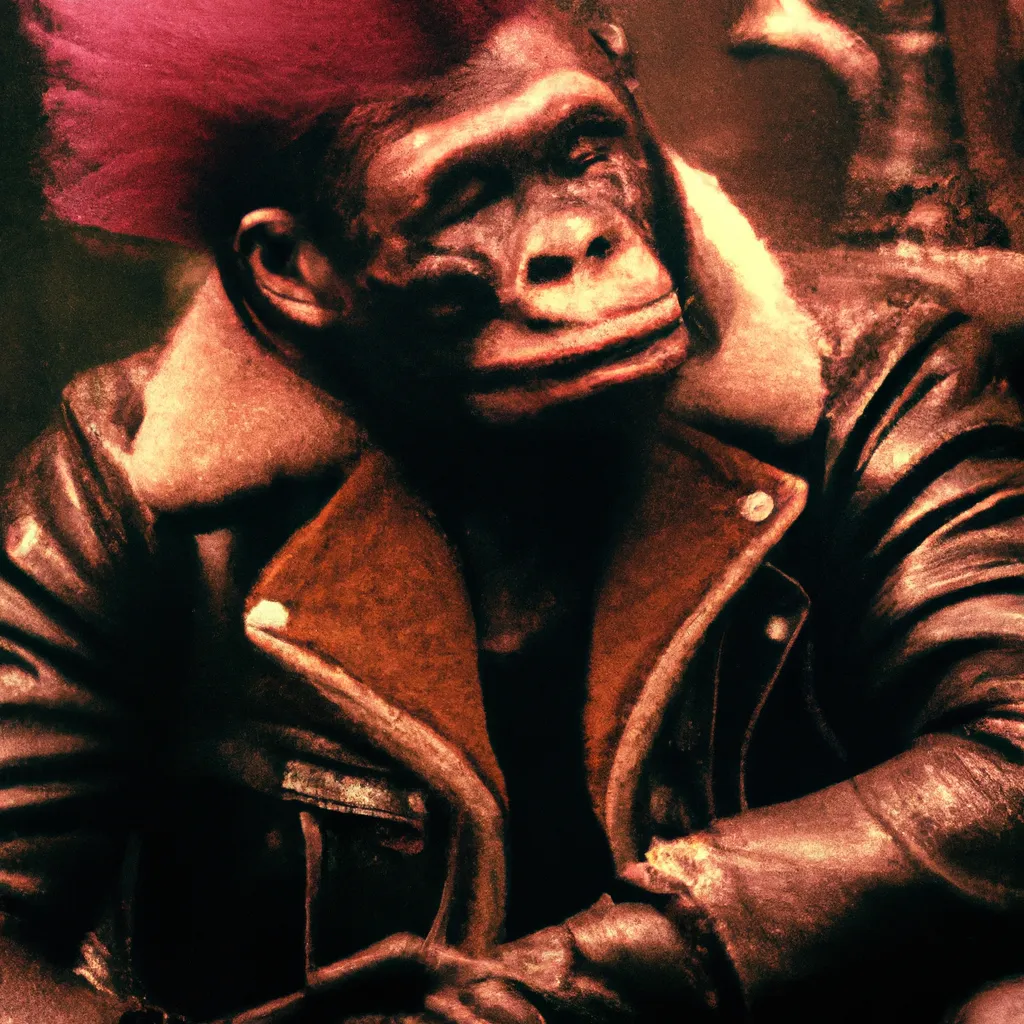 Prompt: a portrait photo from a gritty 1970s Martin Scorsese movie about a Gorilla with a pink punk mohawk in a leather jacket. 35mm, grainy, 4k, Panavision