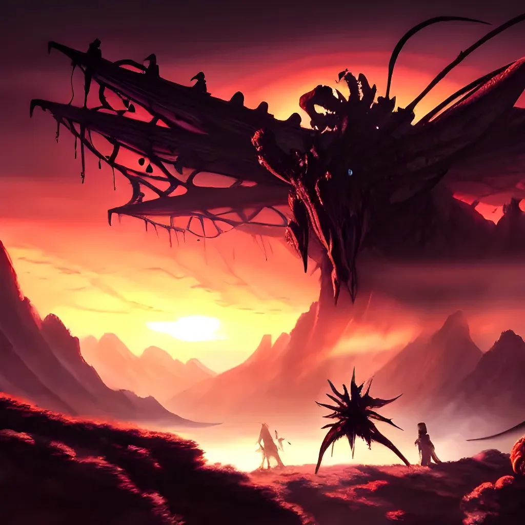 Prompt: fantasy artwork adventurers battle against a giant phyrexian mechanical dreadnought amid beautiful scenic mountains with a vivid sunset, hd 4k, selina fenech