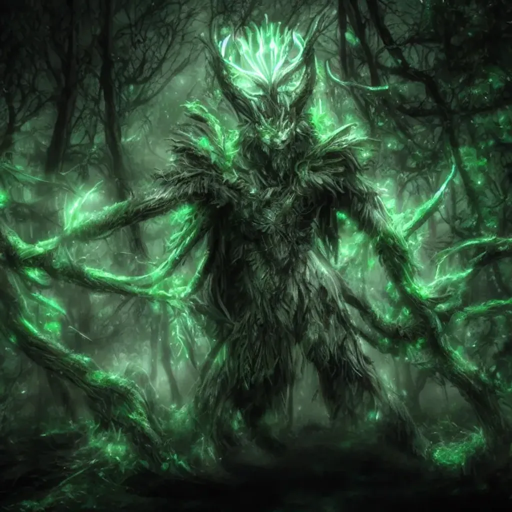 Prompt: a cool stunning forest spirit, silver sharp streamlined armor, detailed head, sharp claws, glowing green LED eyes